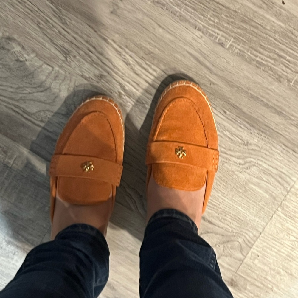 Tory Burch Orange Suede Loafers with Gold Accent